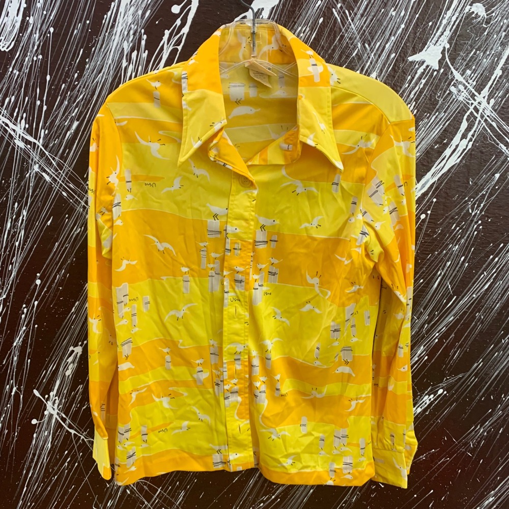 Vintage Vera Neumann Yellow Seagull Print Blouse Antron III Nylon 70s Top Sz 14